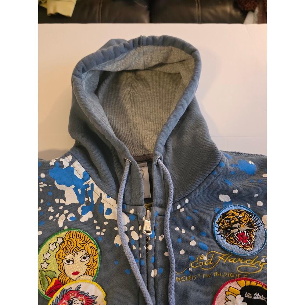 Vintage Women's M Don Ed Hardy Tattoo Zip Hoodie Christian Audigier Y2K Geisha - Picture 5 of 16
